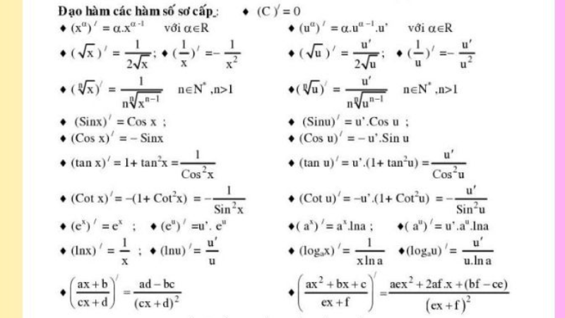 công thức đạo hàm 12